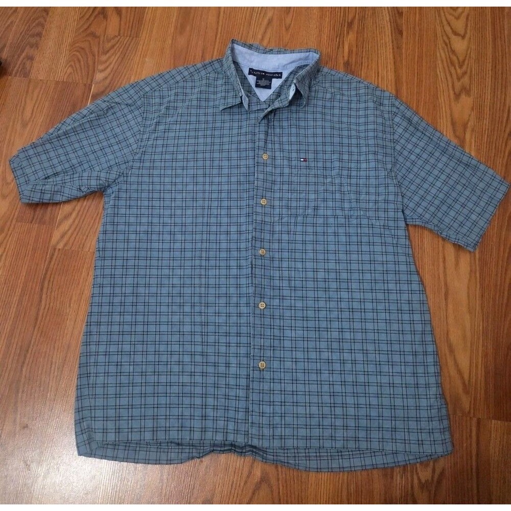 Tommy Hilfiger Men's L Plaid Button Up Shirt Blue Gray 100% Cotton Mauritius - Picture 2 of 5
